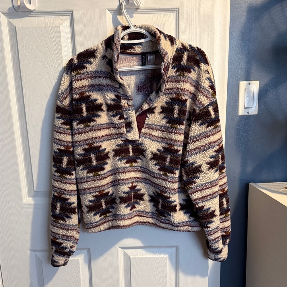 H&M Patterned Quarter Button Neck Sweater - Cream and Brown
